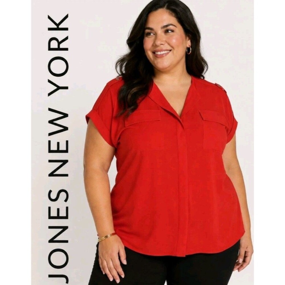JONES NEW YORK Womens 1X Epaulette Military Chic Stretchy Solid Red Utility Top
